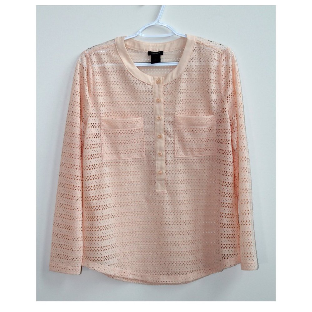 NWOT, Ann Taylor, Blush Pink, Open-Knit Long-Sleeve Blouse, Size M